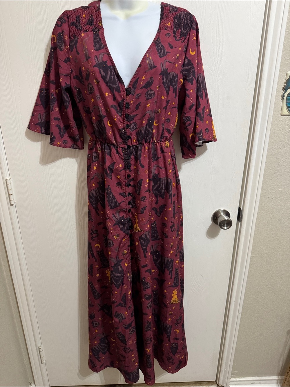 Celestial Maxi Dress V-Neck Smocked Shoulders Whimsical Print Halloween Witch M